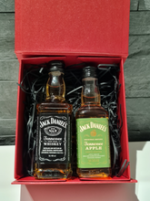 Load image into Gallery viewer, Jack Daniels Doubles Gift Box - Old No.7 & Apple Tennessee Whiskey Miniature Bottles - 5cl - Red Gift Box with Grosgrain Ribbon