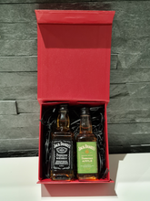 Load image into Gallery viewer, Jack Daniels Doubles Gift Box - Old No.7 & Apple Tennessee Whiskey Miniature Bottles - 5cl - Red Gift Box with Grosgrain Ribbon