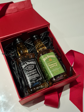 Load image into Gallery viewer, Jack Daniels Doubles Gift Box - Old No.7 & Apple Tennessee Whiskey Miniature Bottles - 5cl - Red Gift Box with Grosgrain Ribbon