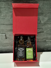 Load image into Gallery viewer, Jack Daniels Doubles Gift Box - Old No.7 &amp; Apple Tennessee Whiskey Miniature Bottles - 5cl - Red Gift Box with Grosgrain Ribbon
